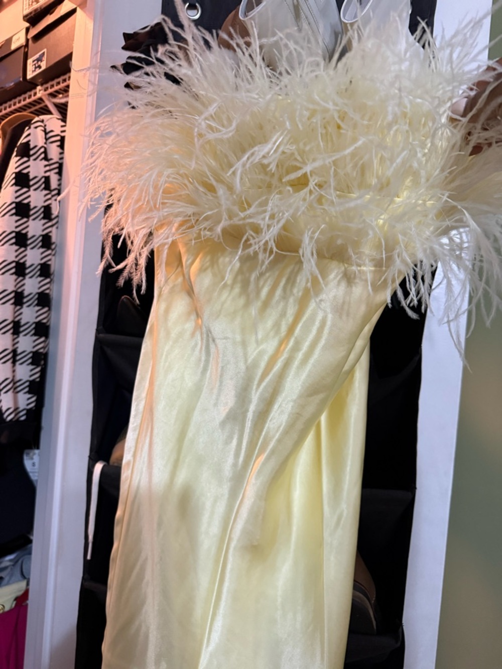 Zara Strapless Feather Trim Satin Dress in Pale Yellow